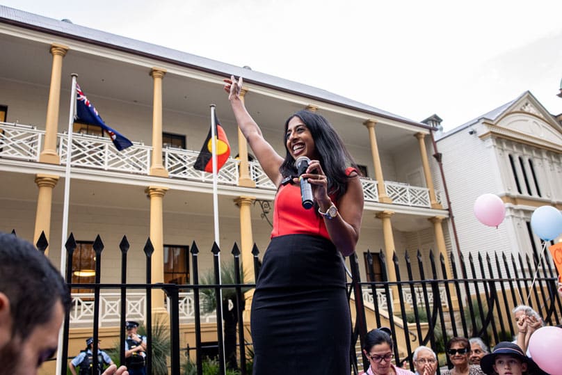 Anti-abortion advocate Professor Joanna Howe welcomes the crowd outside of NSW Parliament House on 19 March. Photo: Alphonsus Fok